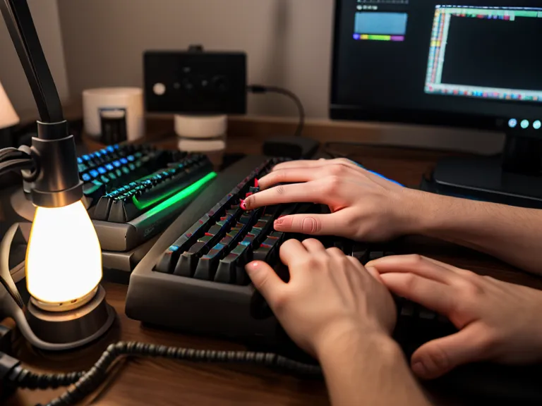 Close-up of hands typing on a keyboard with headphones nearby on a desk