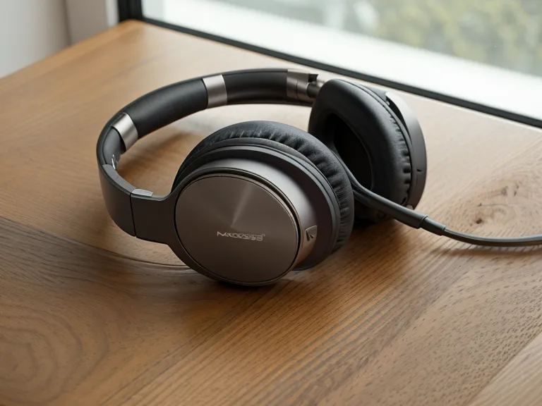 Noise-canceling headphones next to a face-down smartphone on a wooden desk