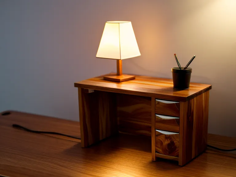 Close-up of an amber desk lamp and an analog task card on a developer's desk