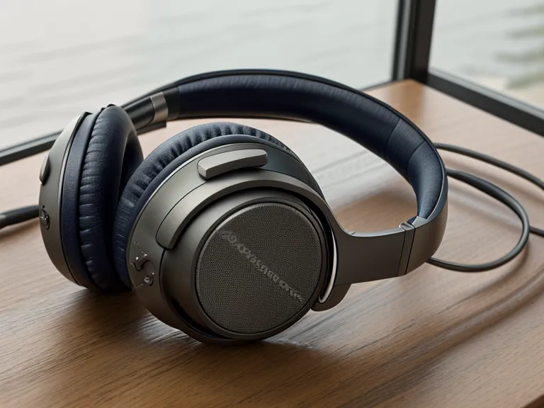 Noise-canceling headphones and a glass of water on a desk as part of a work ritual