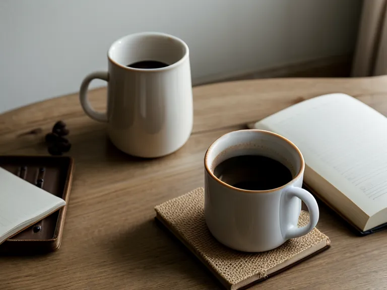 Close-up of a coffee mug and a productivity tracking notebook on a developer's desk.