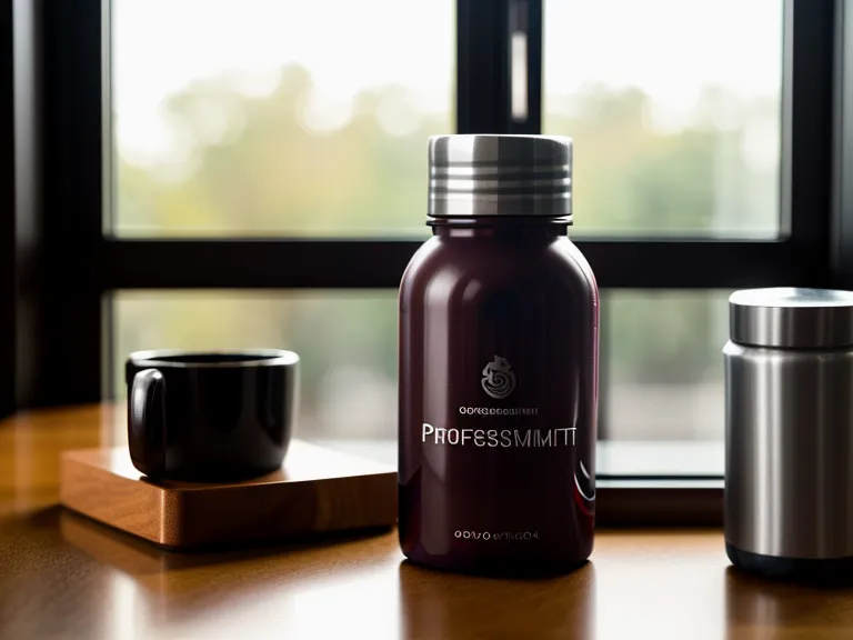 A developer's workspace with coffee and a brain health supplement.