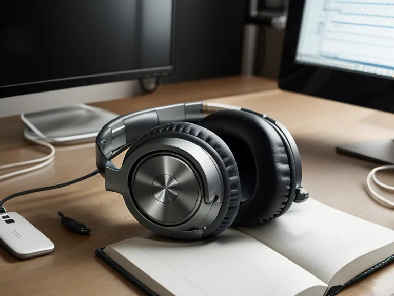 Close-up of headphones and a developer's notebook on a desk.