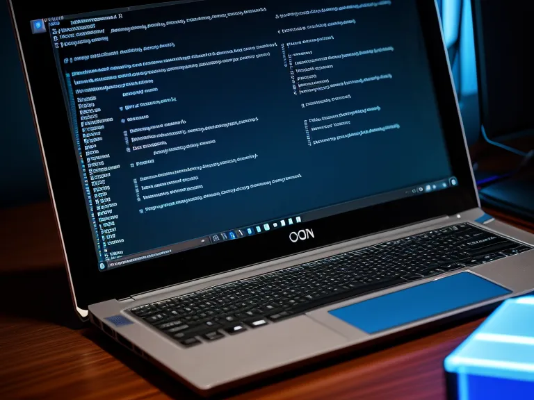 Close-up of code on a monitor with glasses reflecting blue light in a dark room.