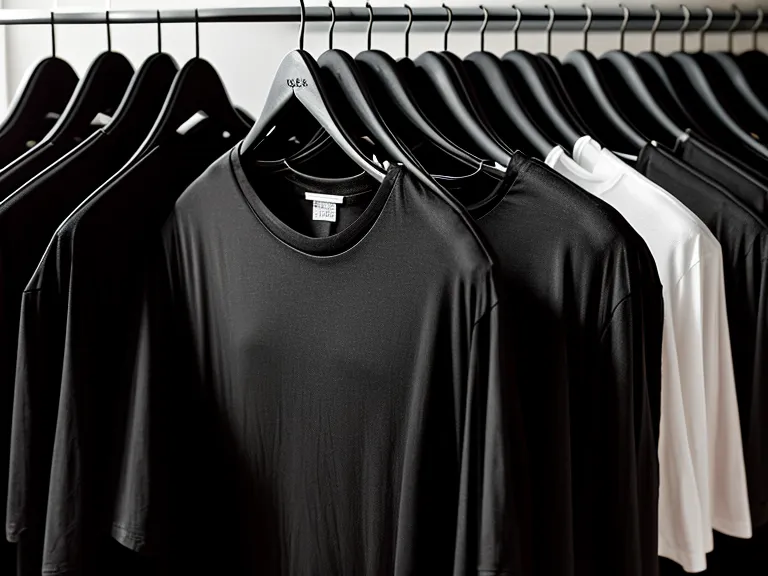 A row of identical black t-shirts illustrating a minimized daily routine.