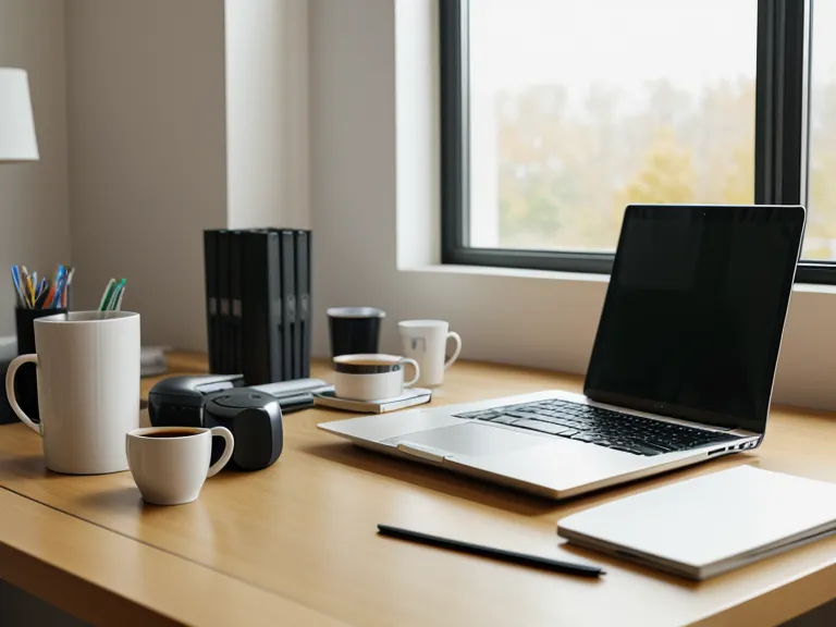 A hand on a computer mouse next to a clean workspace.