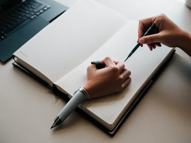 A hand reaching for a notebook on a clean developer desk setup.