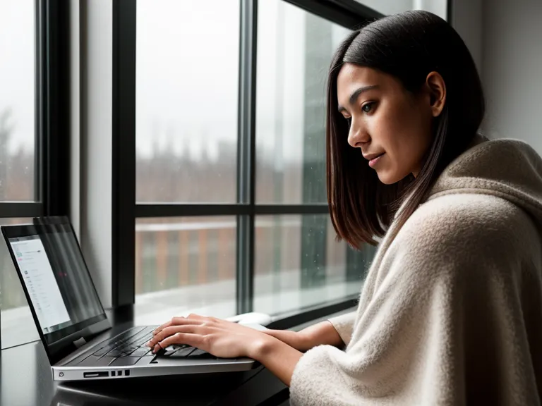 A remote worker focusing on a laptop in a cozy home office during a rainy day.