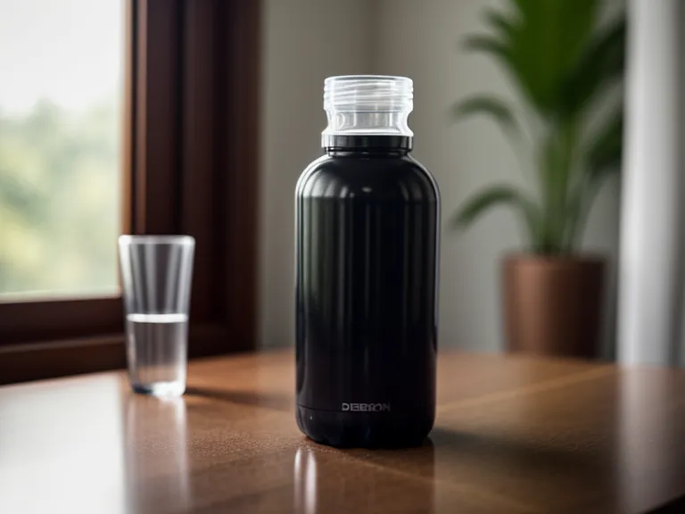Close-up of a supplement bottle and water glass on a developer's desk.