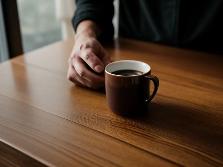Close-up of a wooden desk and coffee mug in a home office.