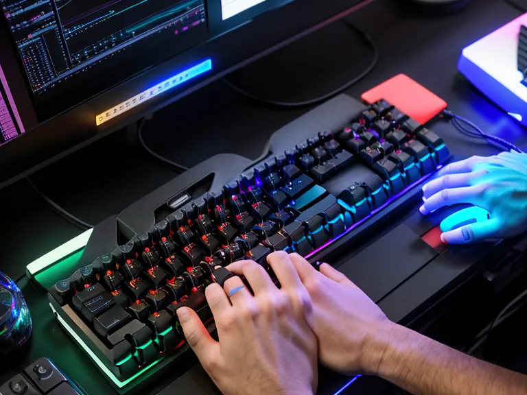Developer hands typing on a keyboard with code on monitors.