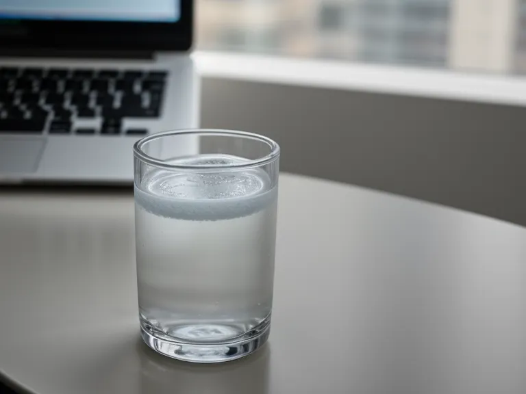 A supplement bottle and water on a desk next to a laptop.